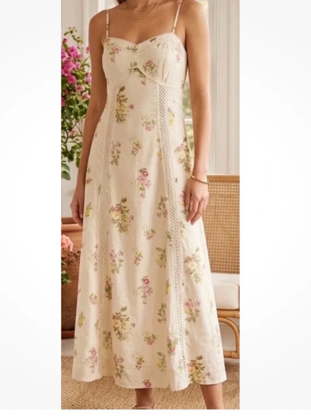 Caroline Constas Ivory Floral Lace-Panel Maxi Dress with Pink & Green Blooms NWT